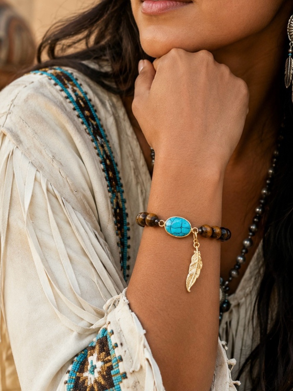 Hand Crafted Brown Tiger Eye and Turquoise Howlite Bracelet with Gold Feather